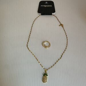 Gold-Plated Pineapple Necklace & Ring Set Sparkling Rhinestones Fashion Jewelry